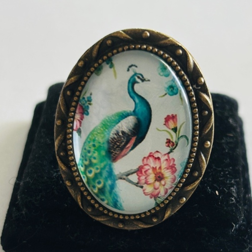 Peacock Print Victorian Style Adjustable Ring, Handmade, NWT